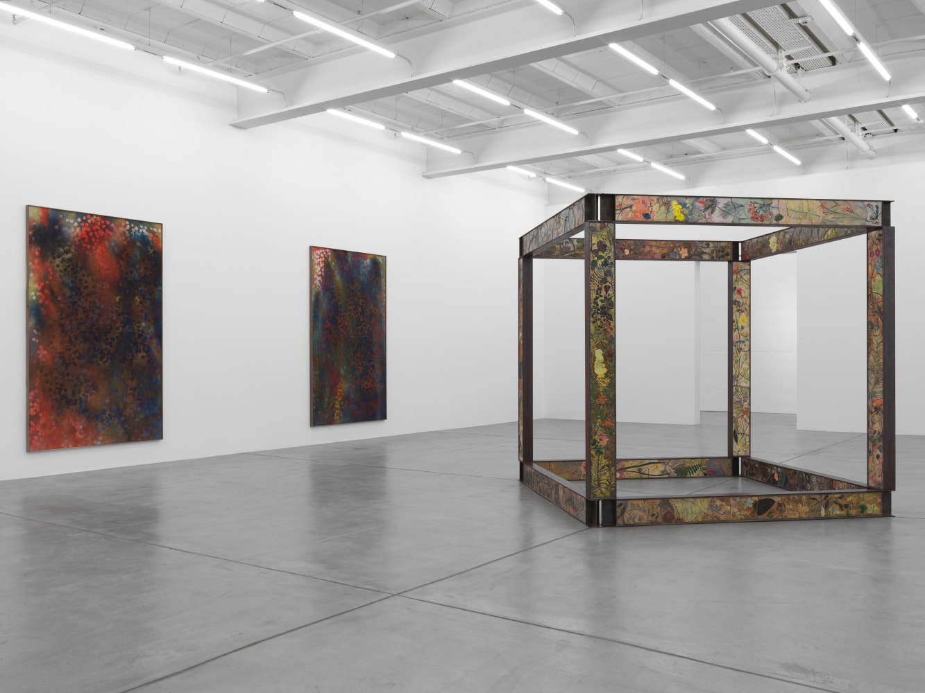 Installation view of Sam Falls paintings and sculptures exhibition