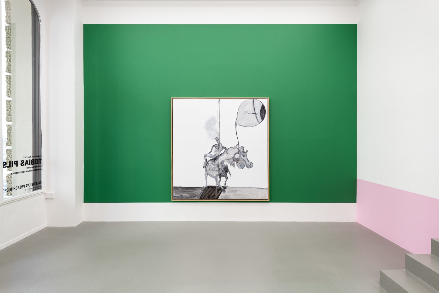 Installation view of paintings by Tobias Pils and wall paintings by Gerwald Rockenschaub