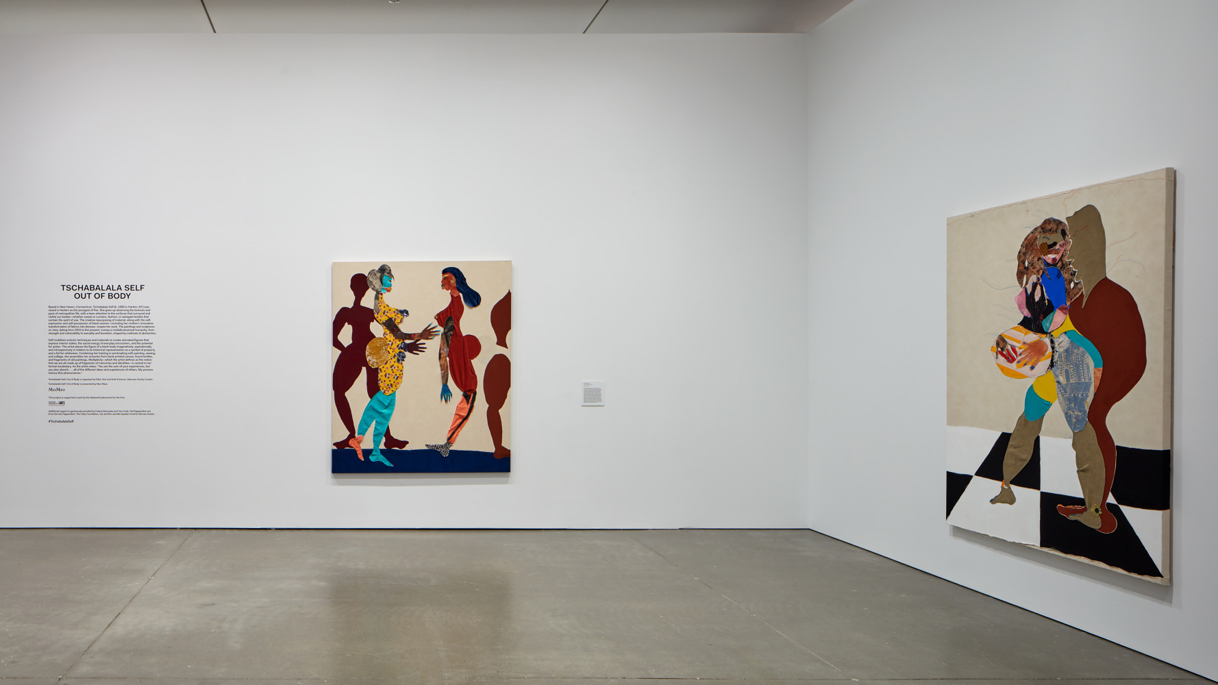 Installation view of paintings and sculptures by Tschabalala Self