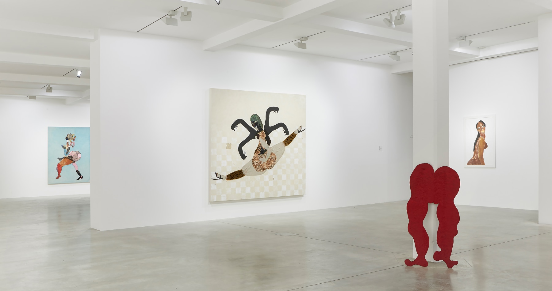 Installation view of paintings and sculptures by Tschabalala Self