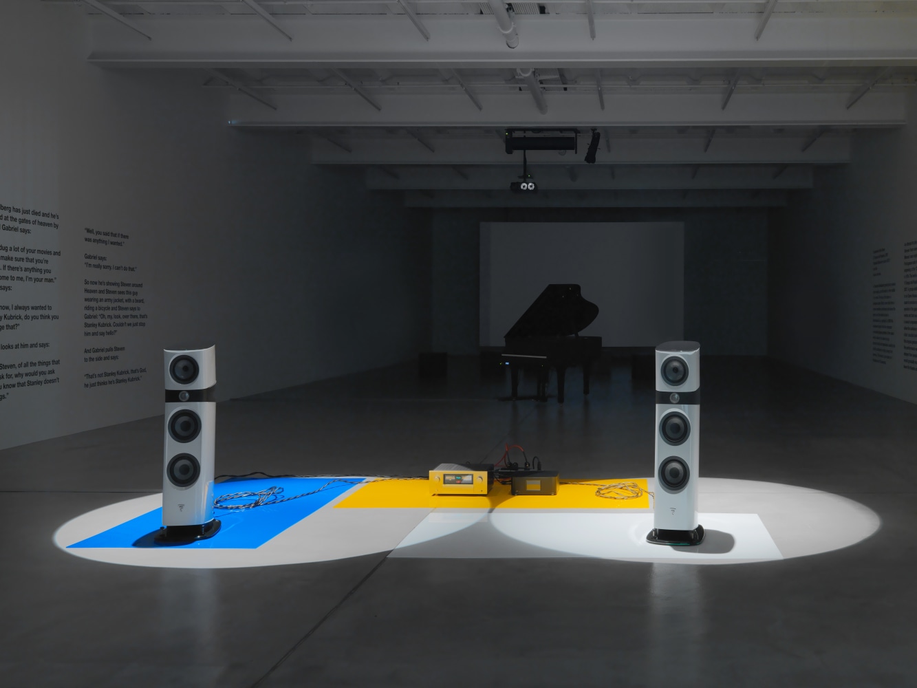 Installation view of Liam Gillick audio and film installation exhibition