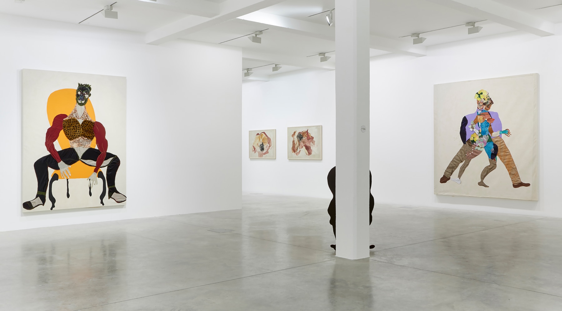 Installation view of paintings and sculptures by Tschabalala Self