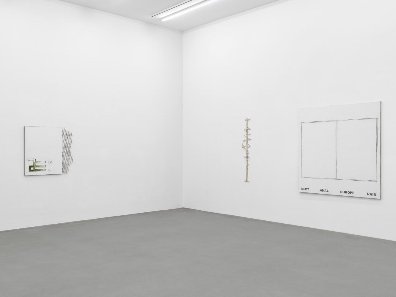 Installation view, Matias Faldbakken, Abstracts and Pewter Abstracts, Galerie Eva Presenhuber, Waldmannstrasse, Zurich, 2025