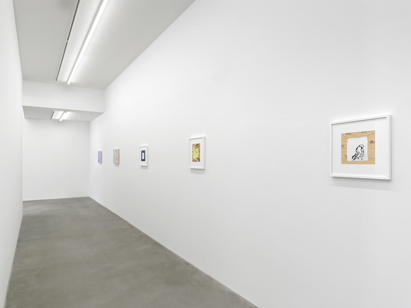 Installation view of Sue Williams painting and collage exhibition