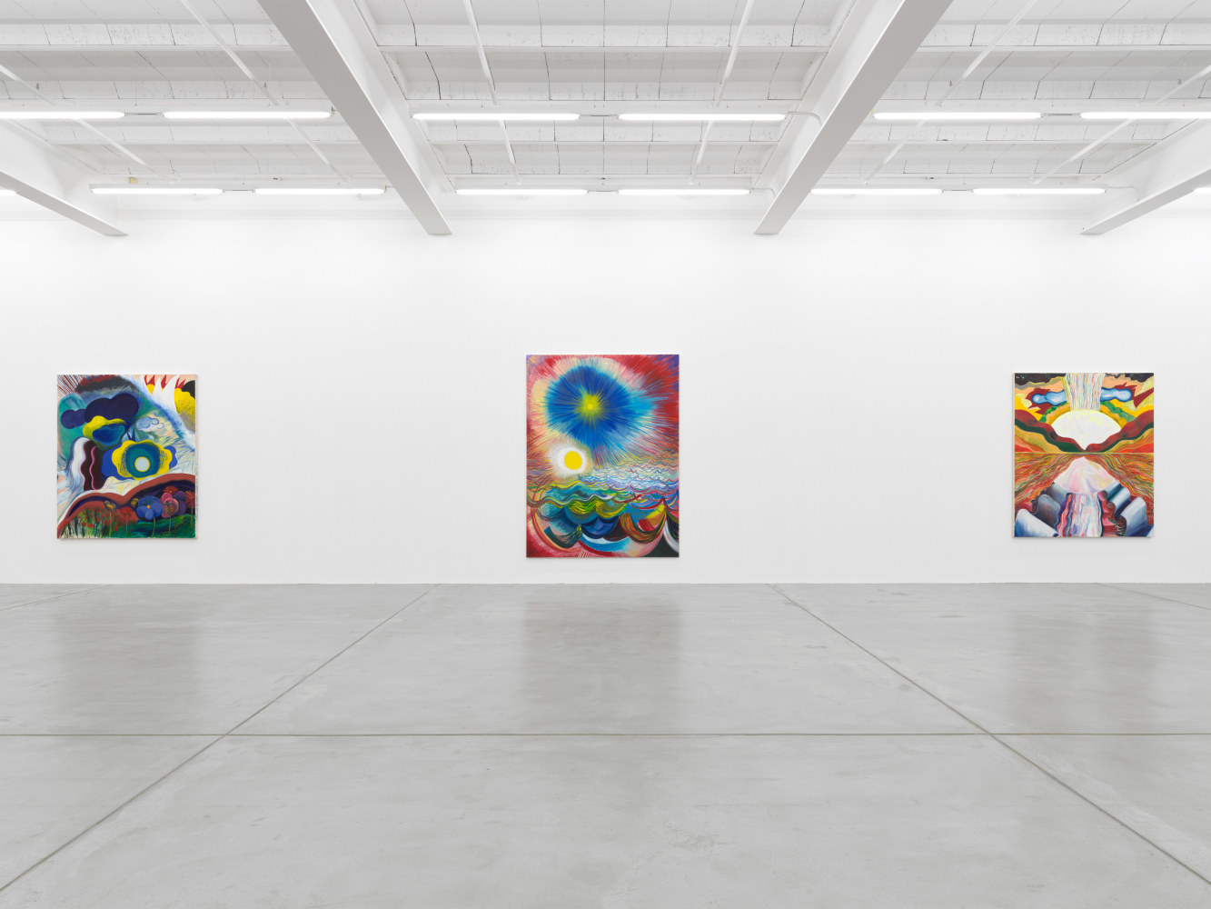 Installation view of Shara Hughes paintings