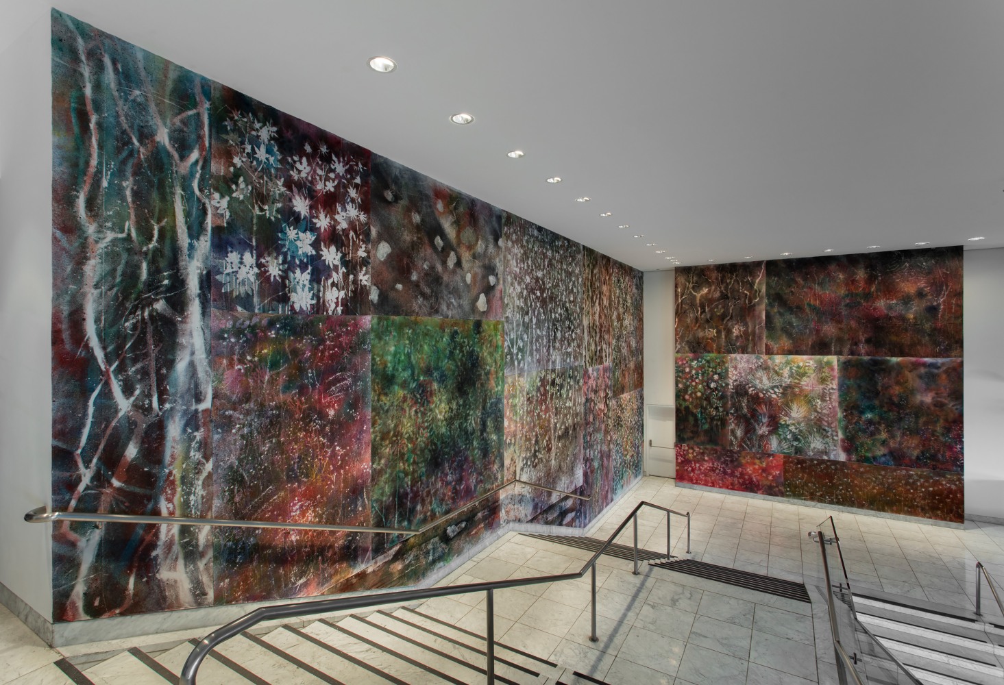 Installation view of paintings by Sam Falls