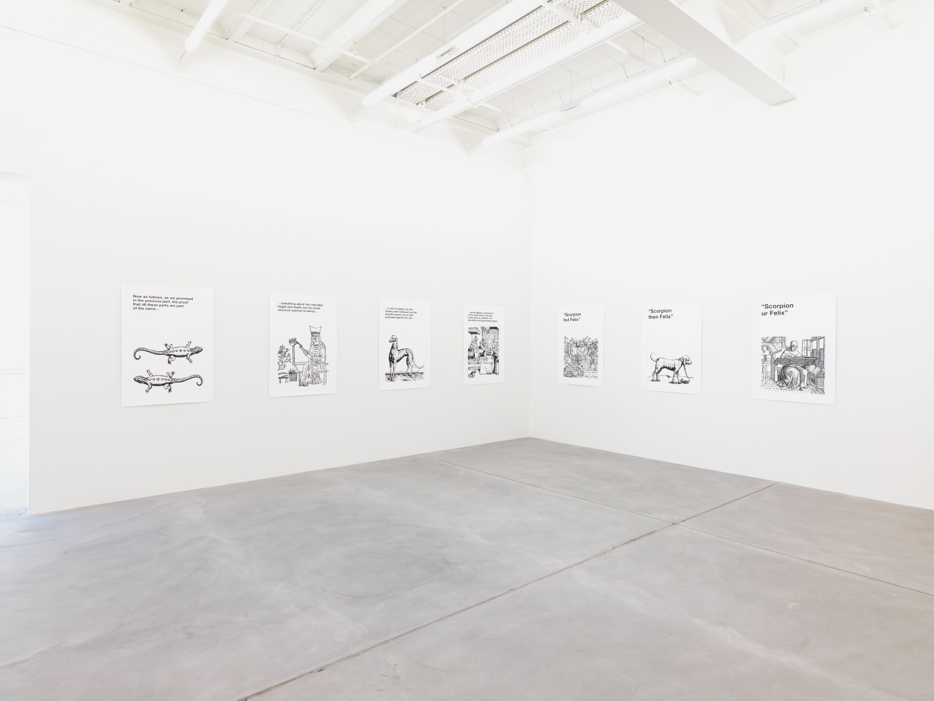 Installation view of Liam Gillick wall-based graphic works and wall hangings exhibition