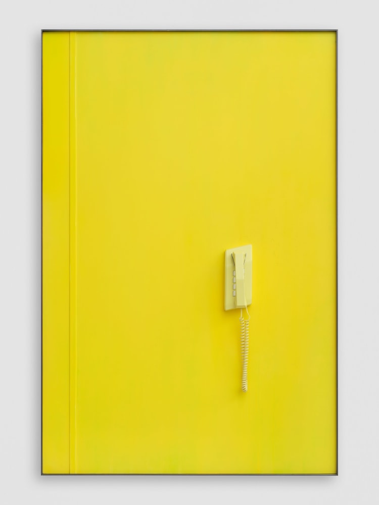 YELLOW TELEPHONE (SLEEPING) FOR JG 2020 Patinated steel, etched and painted aluminium, painted silicone moulded vacuum cast resin, coiled cable 167.5 x 111.5 x 11 cm / 66 x 43 7/8 x 4 3/8 in