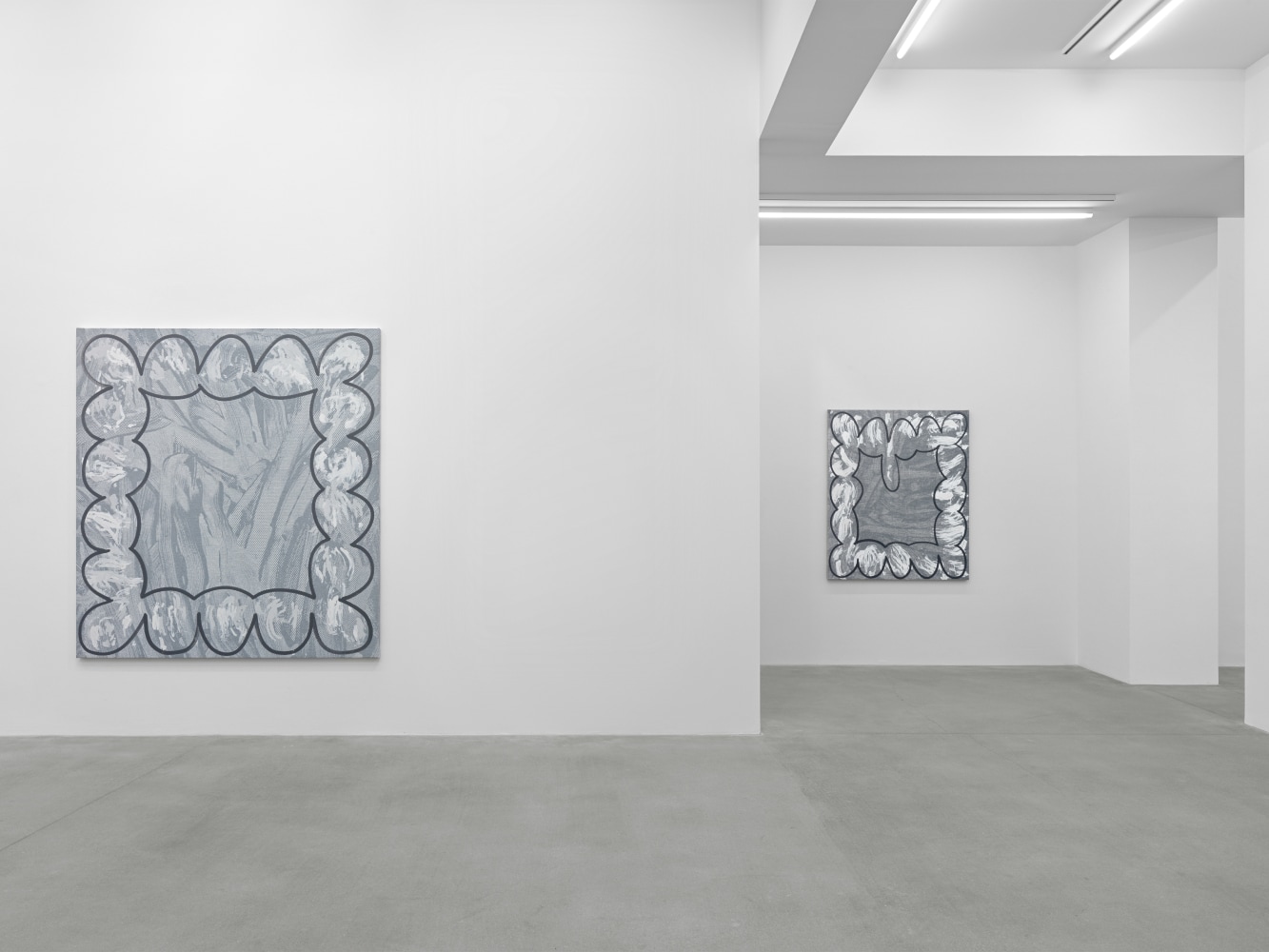 installation view of grayscale paintings by Amy Feldman