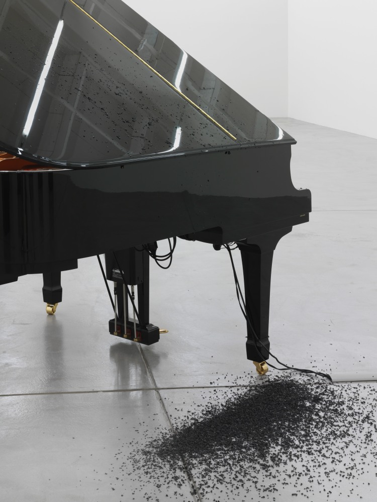 Installation by Liam Gillick, Factories In The Snow (Il Tempo Del Postino) 2007 Yamaha digital piano, midi file, snow machine, artificial black snow Dimensions variable 7:24 min