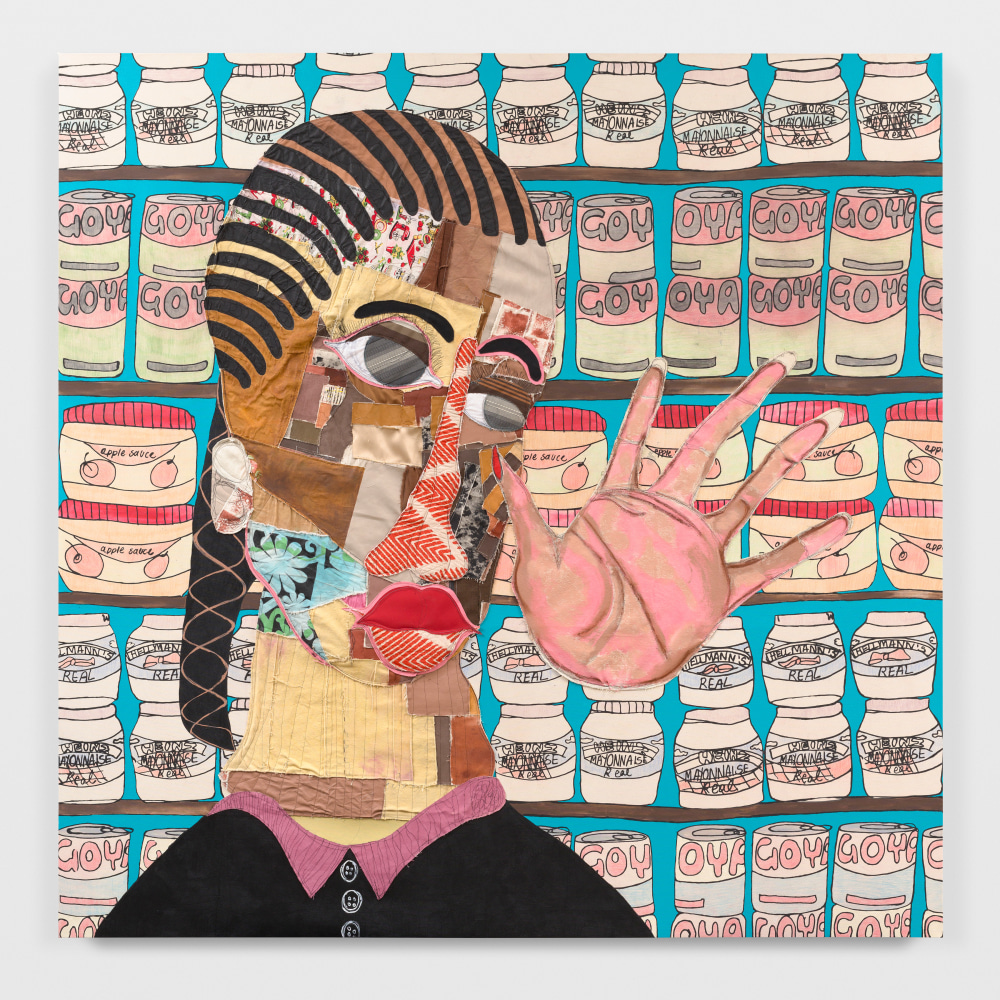 TSCHABALALA SELF
Customer 6
2024
Acrylic, colored pencil, oil pastel, fabric, painted canvas and thread on canvas
244 x 244 cm / 96 x 96 in
SELF 60424