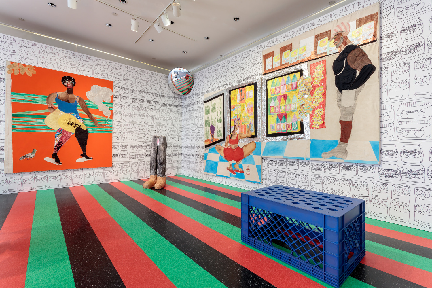 Installation view of paintings and sculptures by Tschabalala Self