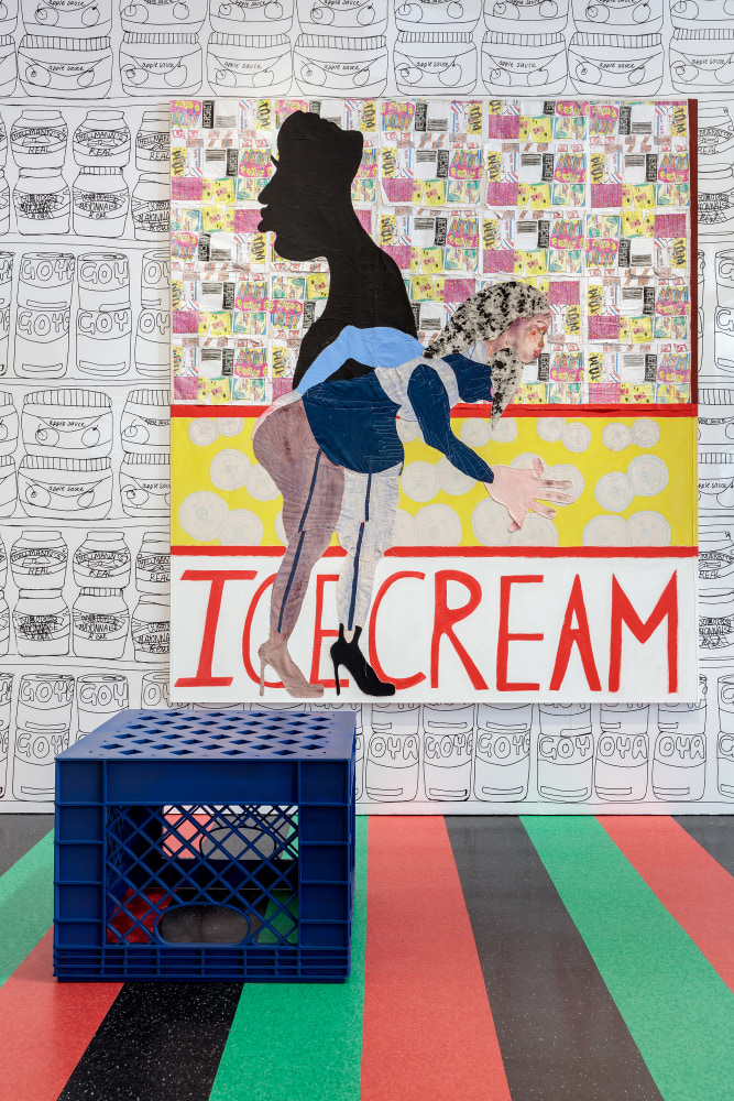 Installation view of paintings and sculptures by Tschabalala Self