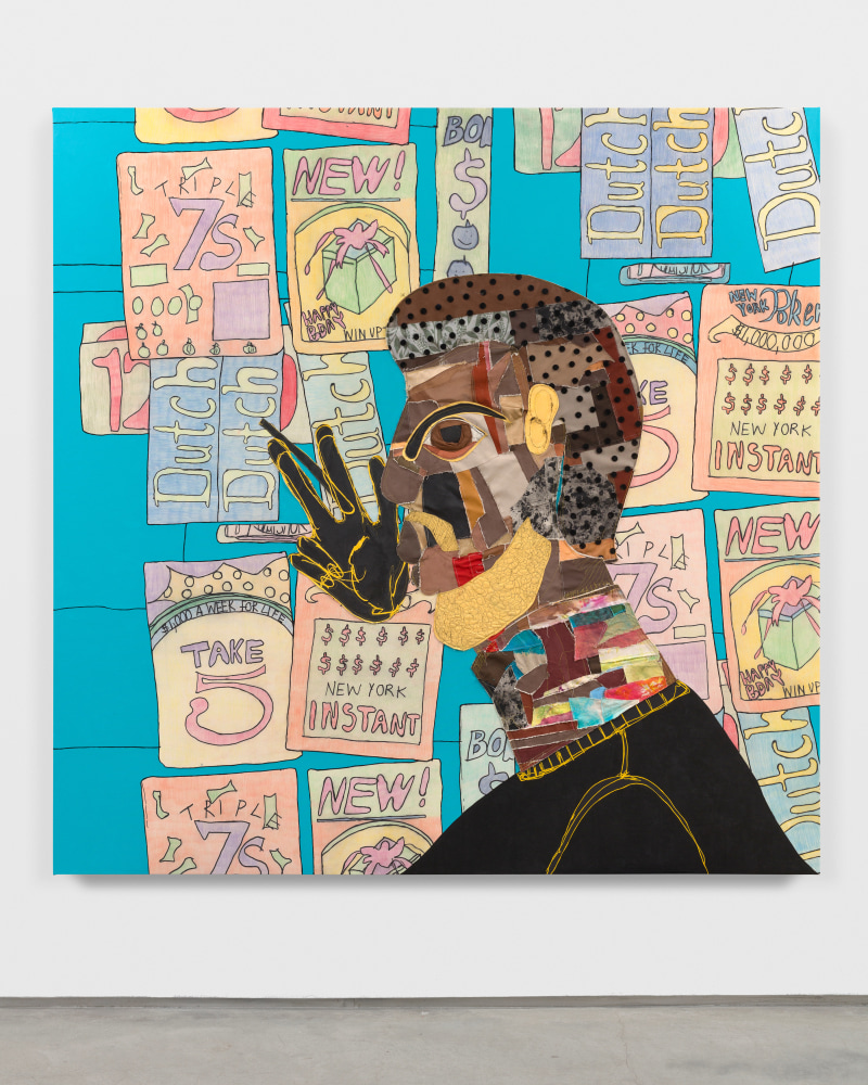 TSCHABALALA SELF
Customer 5
2024
Acrylic, colored pencil, fabric, painted canvas and thread on canvas
244 x 244 cm / 96 x 96 in
SELF 60123