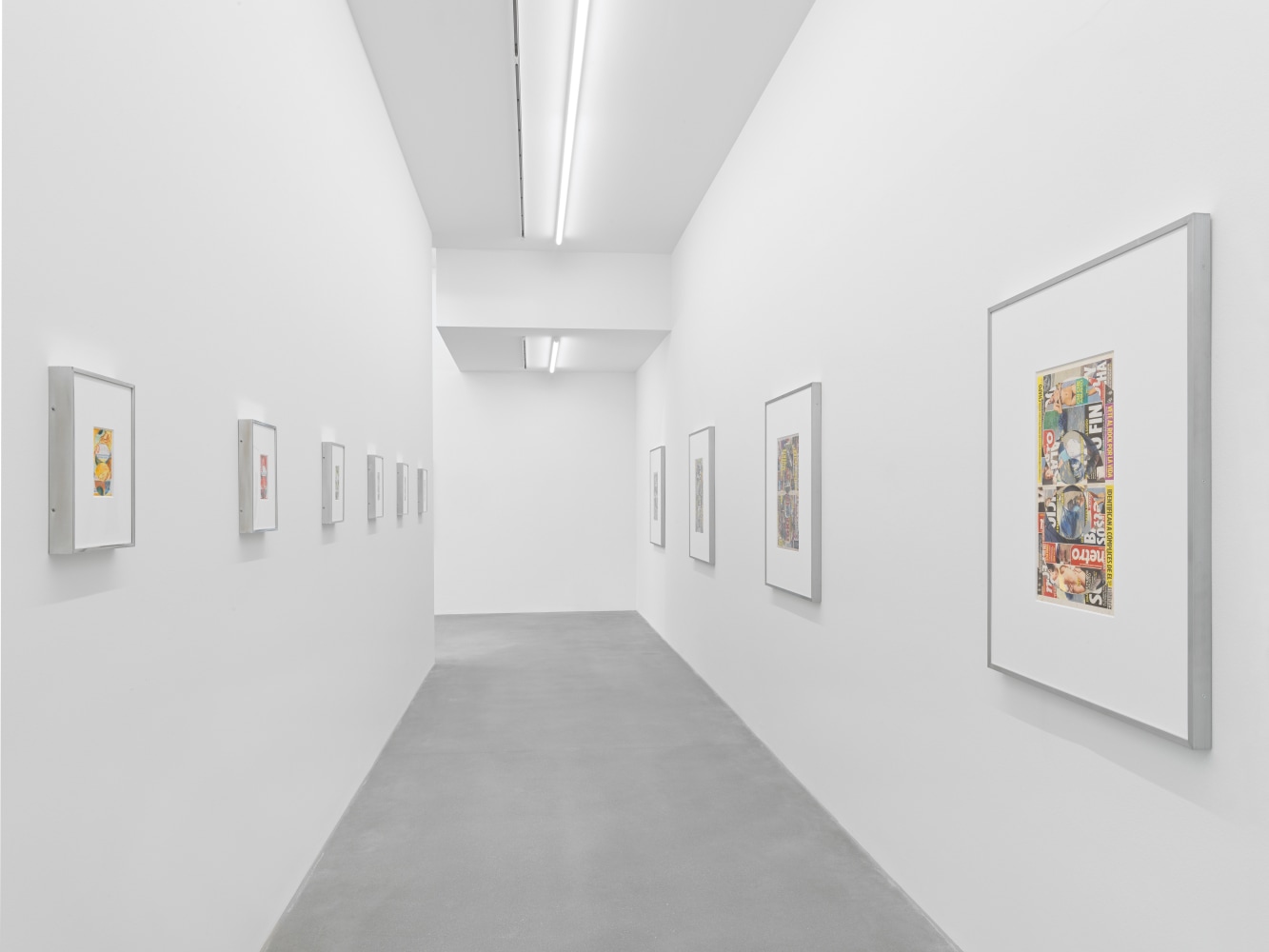 Installation view of Walead Beshty collage, photography, and sculpture exhibition