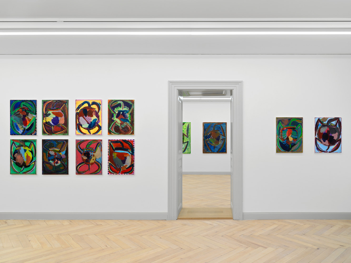 Installation view of Josh Smith paintings, monotypes, and ceramics exhibition