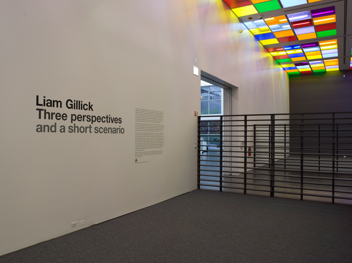 Installation view of sculptures and light installations by Liam Gillick
