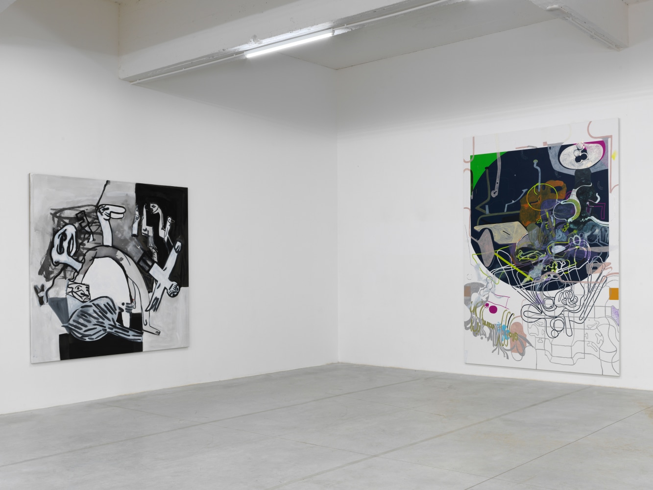 Installation view of paintings by Tobias Pils and Michael Williams