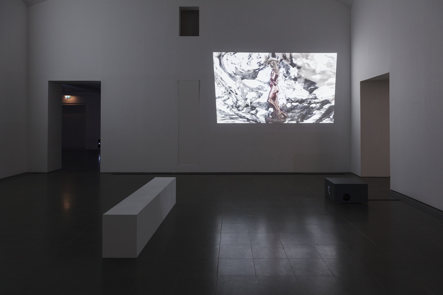 Installation view of videos and sculptures by Trisha Donnelly