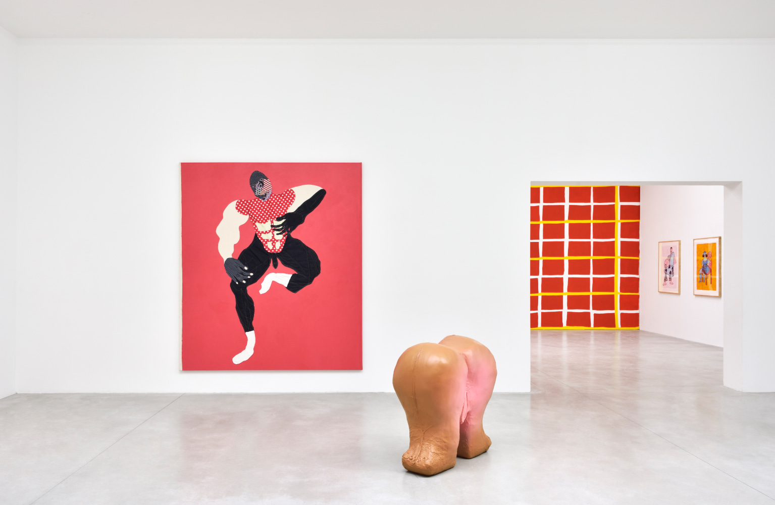Installation view of paintings and sculptures by Tschabalala Self