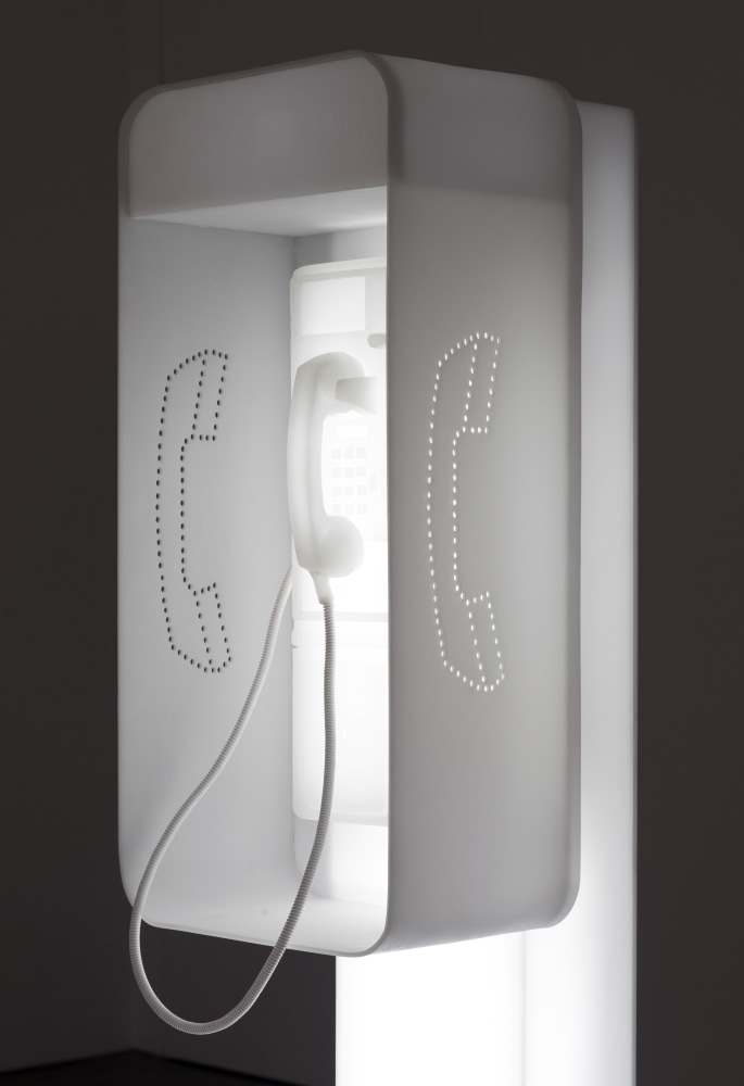 Phonebooth sculpture by Doug Aitken, twilight 2014 Cast resin, acrylic, responsive LEDs 182 x 138 x 138 cm / 71 3/4 x 54 1/4 x 54 1/4 in ​Edition of 4 + 2 AP © Doug Aitken