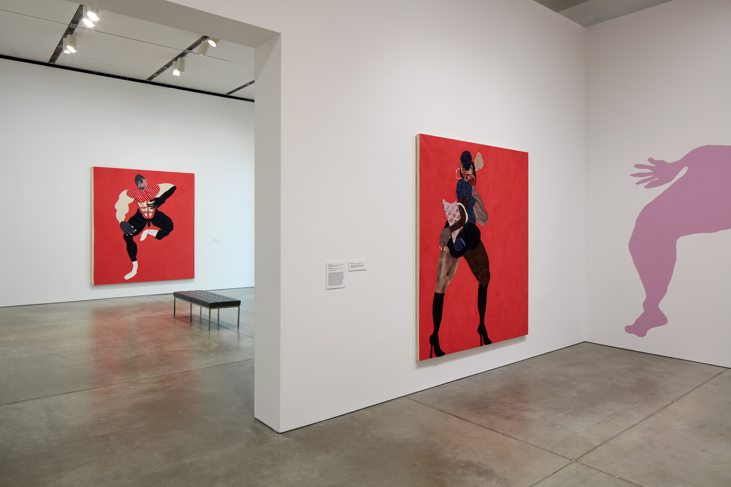 Installation view of paintings and sculptures by Tschabalala Self