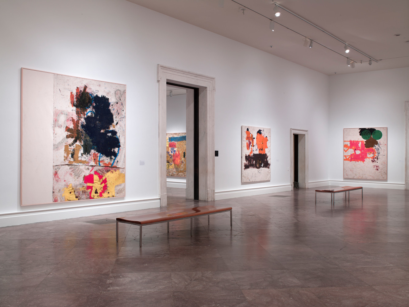Installation view of paintings and sculptures by Joe Bradley