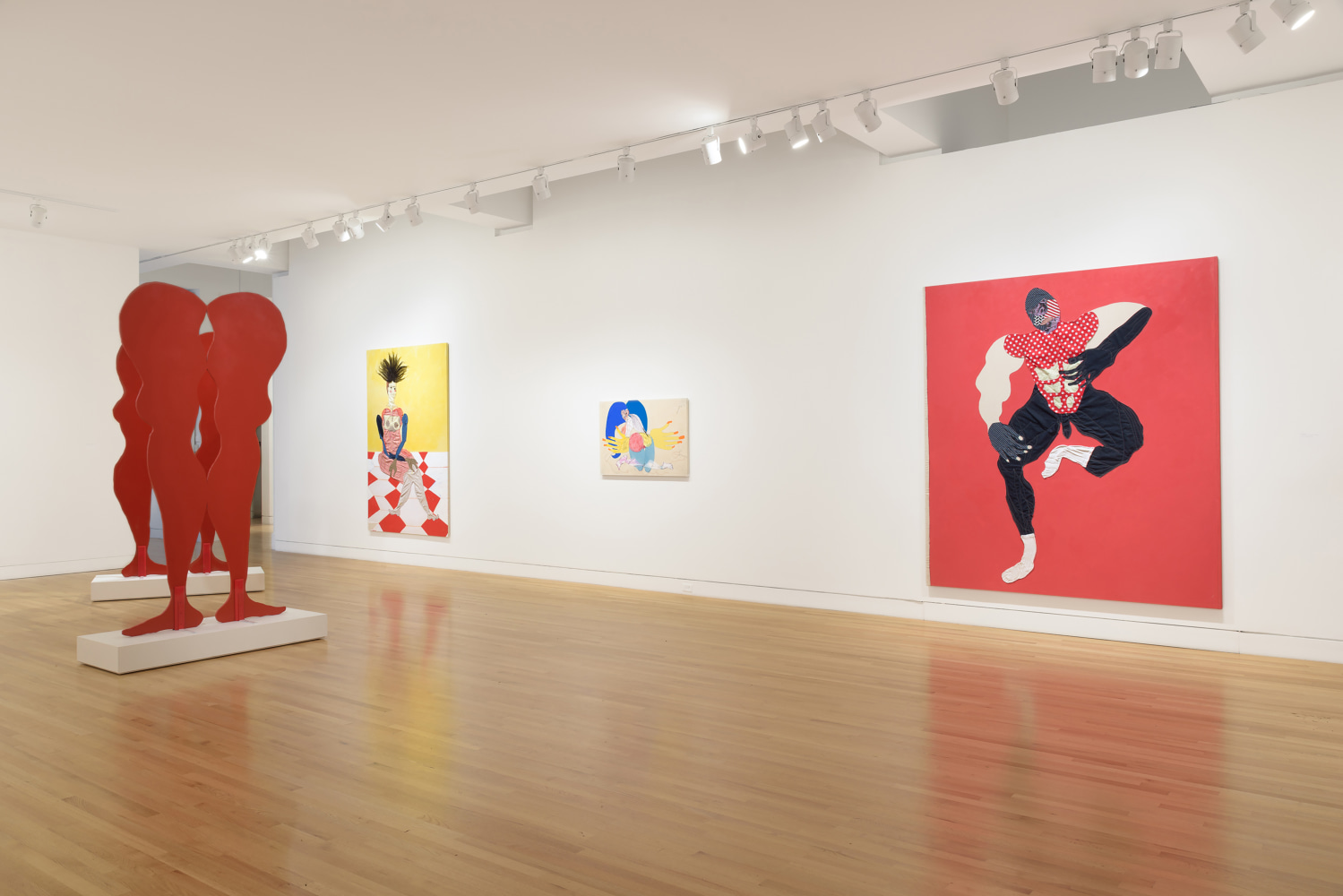 Installation view of paintings and sculptures by Tschabalala Self