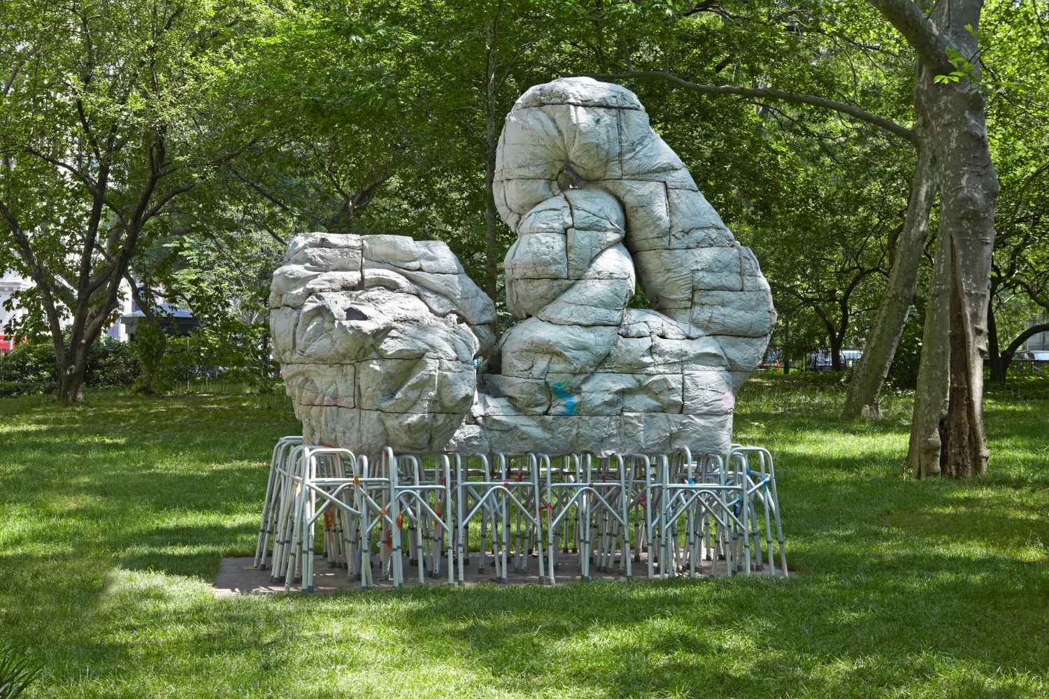 Outdoor view of Justin Matherly sculpture, New Beaches 2012 Concrete, ambulatory equipment, spray paint 320 x 335 x 183 cm / 126 x 132 x 72 in