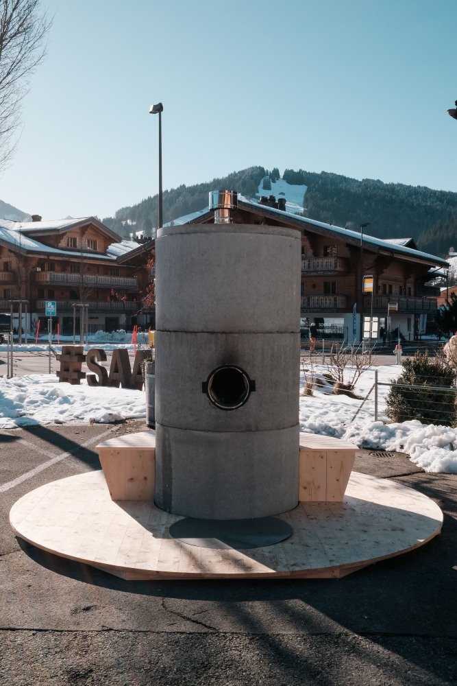 Installation view, Oscar Tuazon, Fire Worship, Elevation 1049, Saanen, 2025