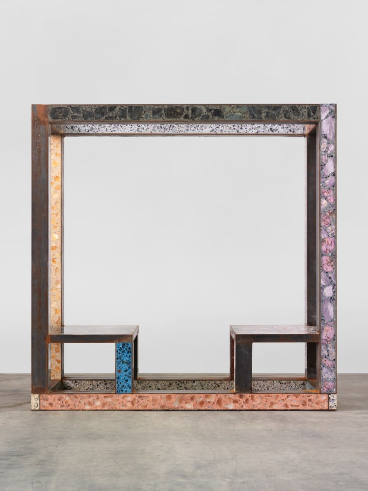 Untitled (Healing pavilion: calm and balance, peaceful sleep, soothes frayed

nerves, endocrine system healing, mental organization, stress relief,

patience, helps kidney function and fatigue, writers block and truthfulness,

overcoming fear, and unconditional love, respectively to stones below)

2015

Gemstone terrazzo, steel

183 x 61 x 183 cm / 72 x 24 x 72 in

&amp;copy; Sam Falls