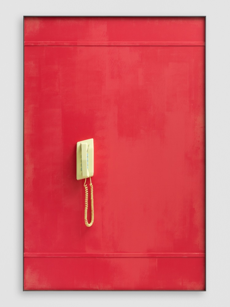 YELLOW TELEPHONE (SEARCHING) 2020 Patinated steel, etched and painted aluminium, painted silicone moulded vacuum cast resin, coiled cable 167.5 x 111.5 x 11 cm / 66 x 43 7/8 x 4 3/8 in