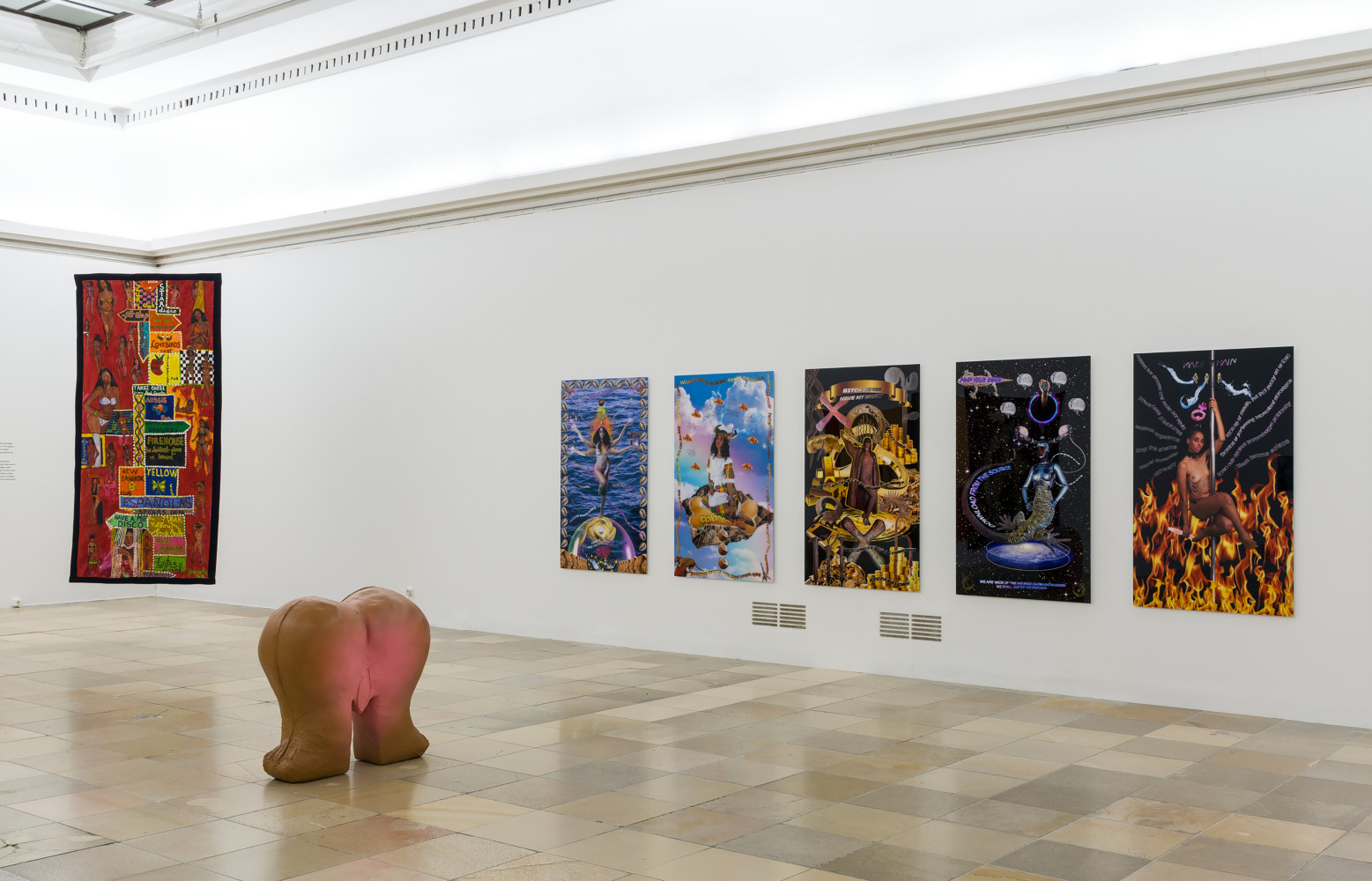 Installation view of paintings by Tschabalala Self