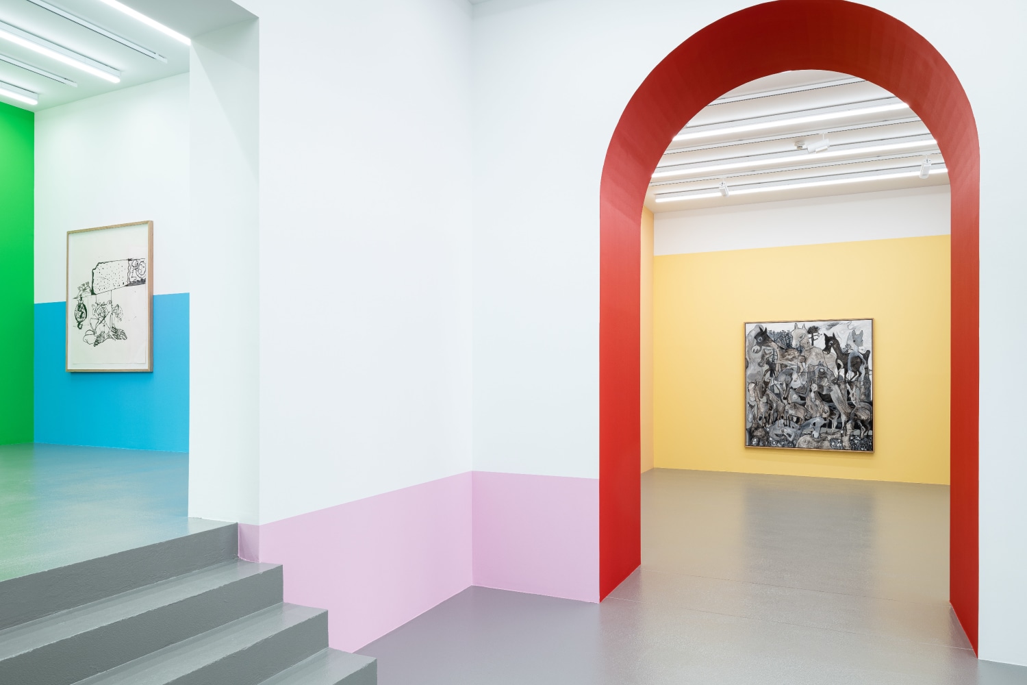 Installation view of paintings by Tobias Pils and wall paintings by Gerwald Rockenschaub