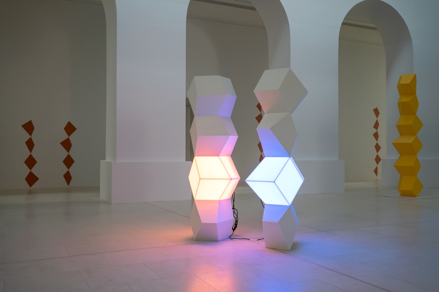 Installation view of sculptures and painting by Angela Bulloch