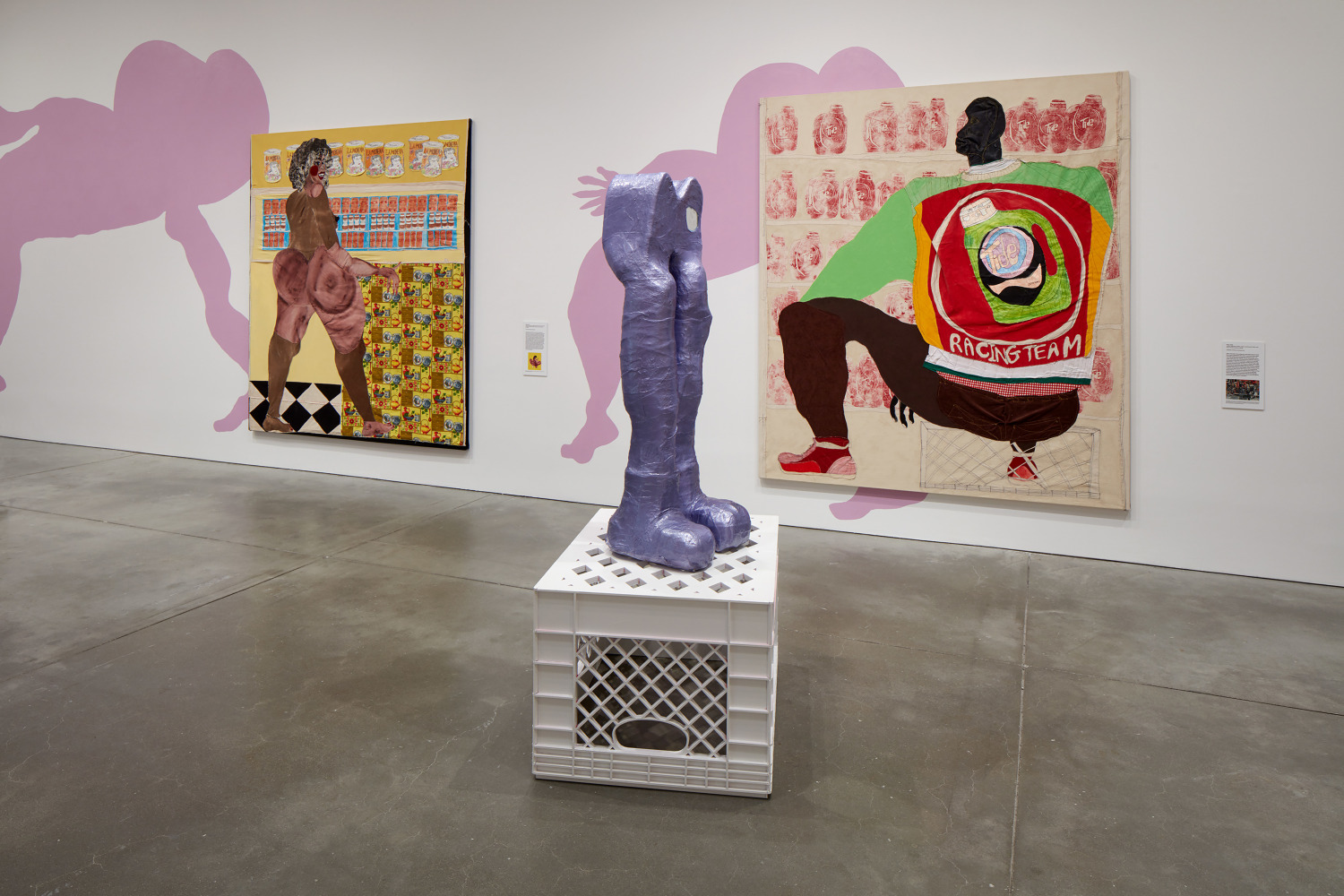 Installation view of paintings and sculptures by Tschabalala Self