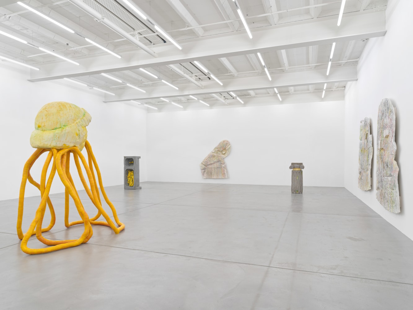 Installation view of Justin Matherly sculpture and wall relief exhibition