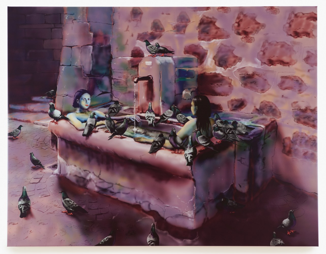 digital painting of people bathing in a fountain with pigeons by Louisa Gagliardi