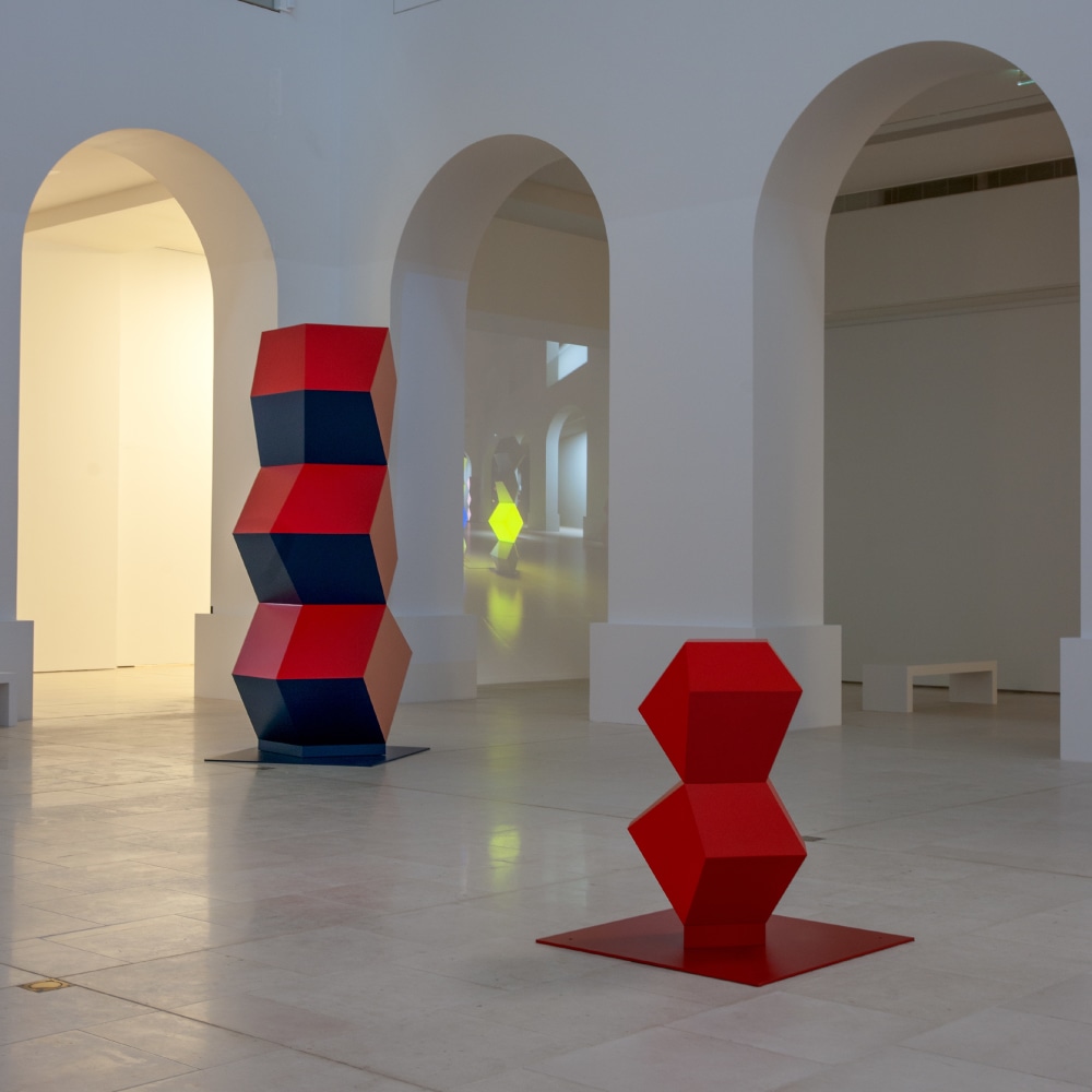 Installation view of sculptures and painting by Angela Bulloch