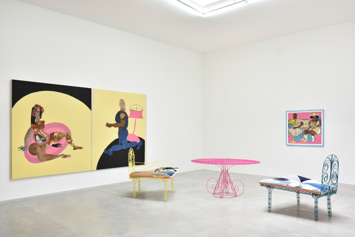 Installation view of paintings and furniture works by Tschabalala Self