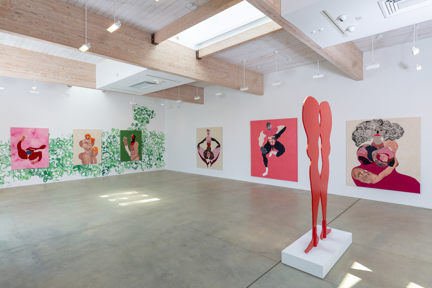 Installation view of paintings and sculptures by Tschabalala Self
