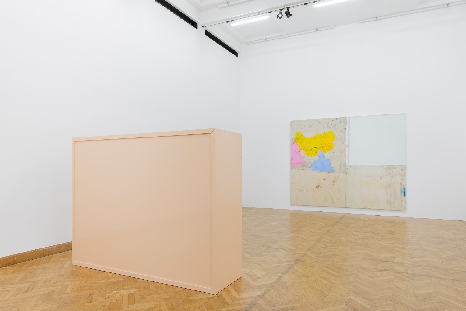 Installation view of paintings and sculptures by Joe Bradley