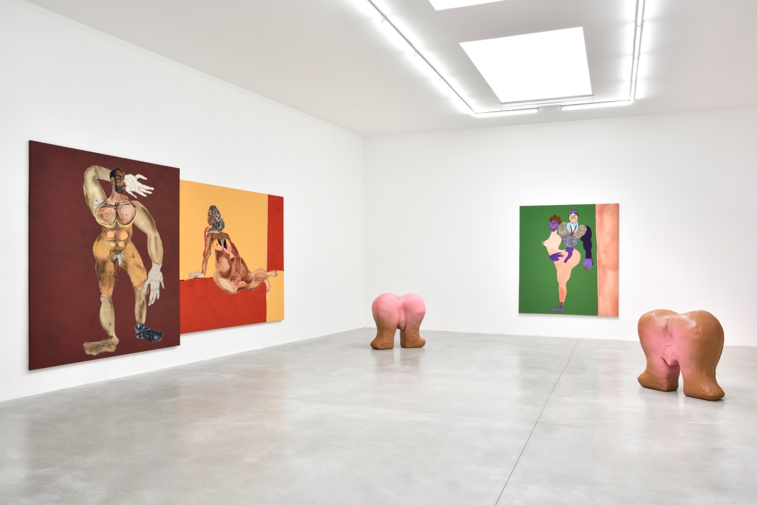 Installation view of paintings and sculptures by Tschabalala Self