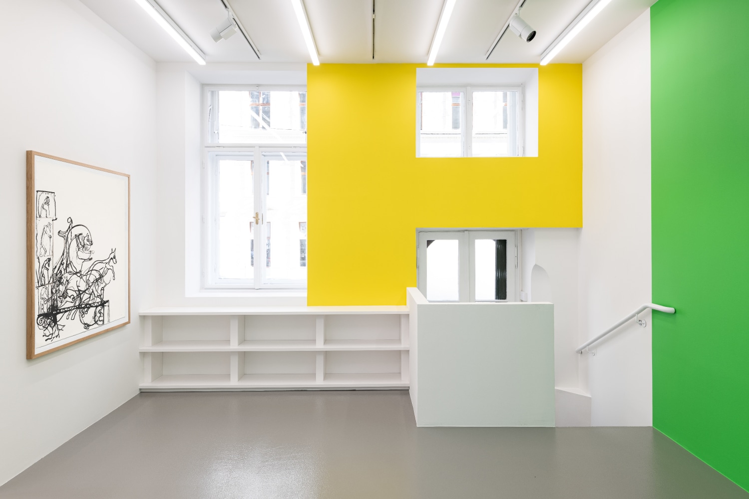 Installation view of paintings by Tobias Pils and wall paintings by Gerwald Rockenschaub