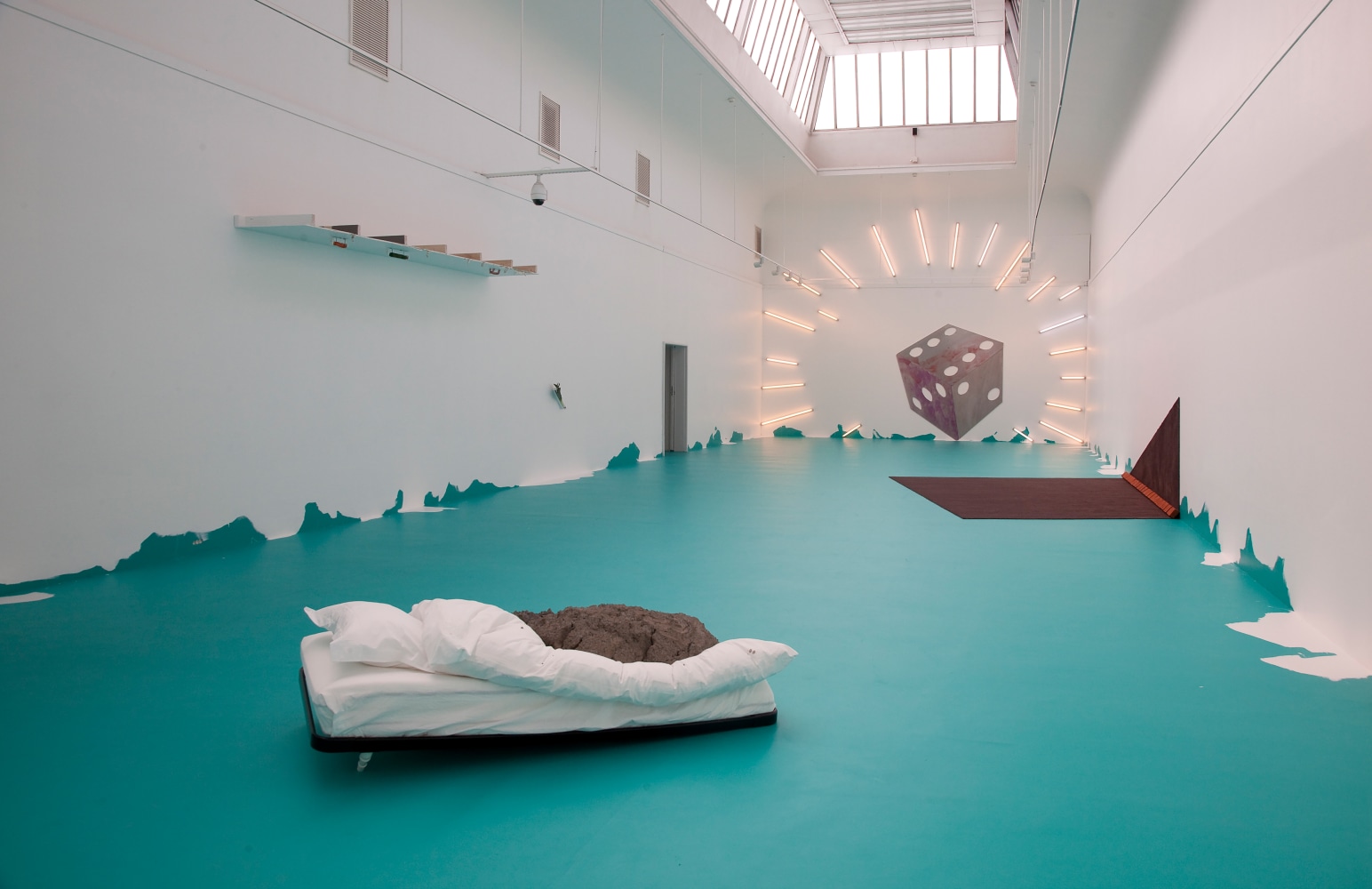 Installation view of sculptures by Urs Fischer, Mark Handforth, and Georg Herold