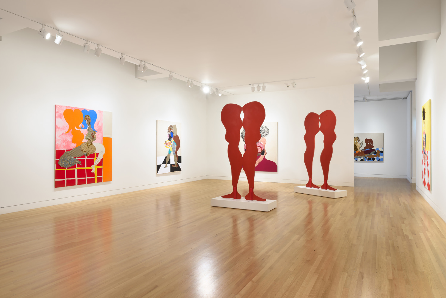 Installation view of paintings and sculptures by Tschabalala Self
