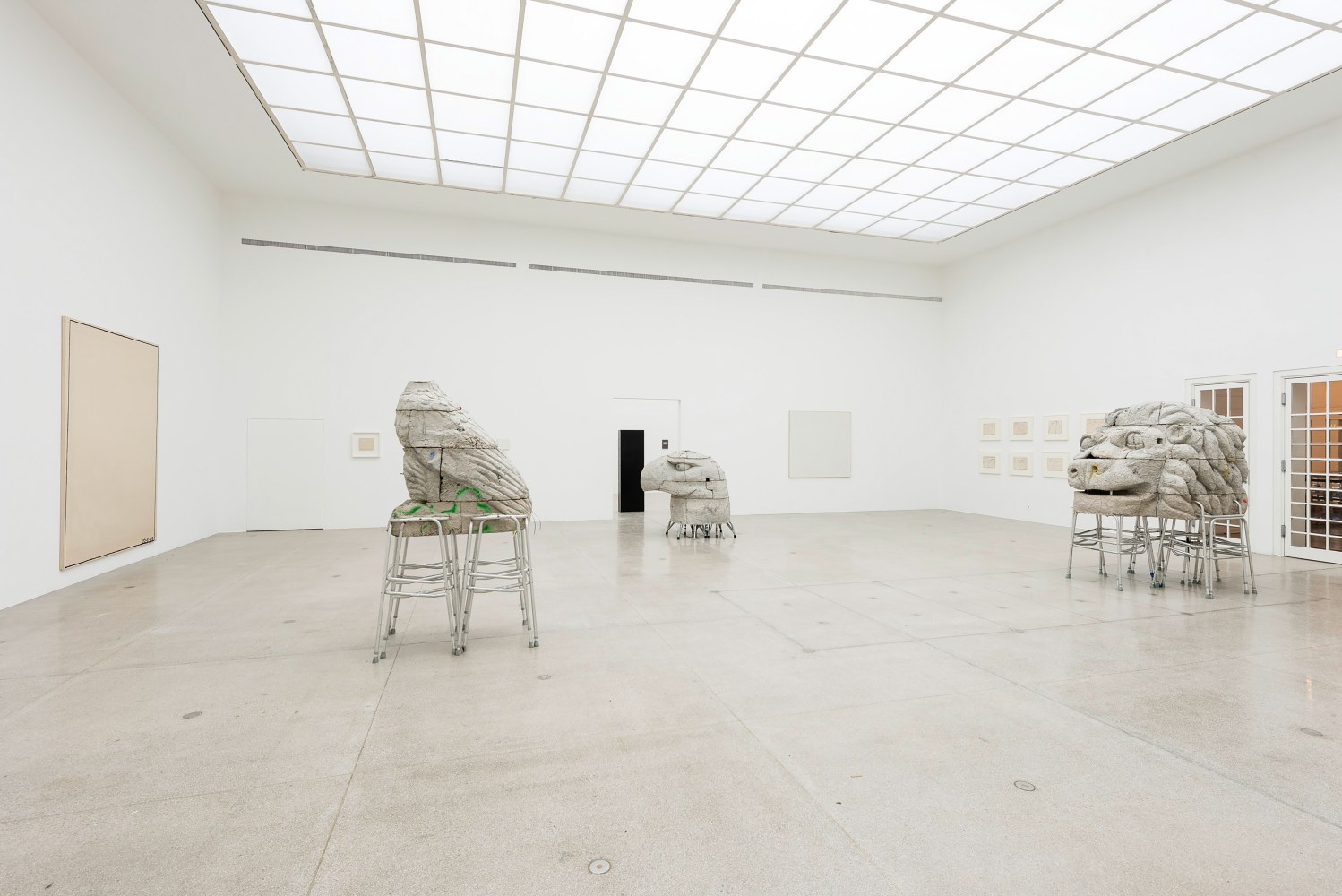 Installation view of sculptures by Justin Matherly and various works by other artists