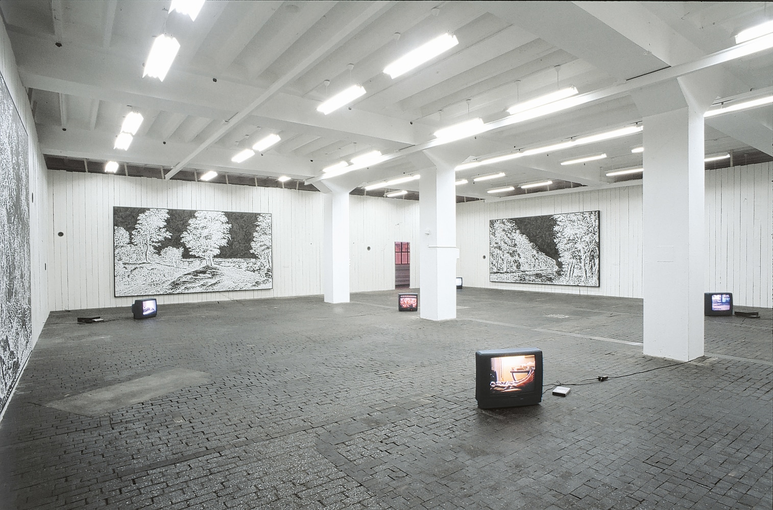 Installation view of paintings and video works by Ugo Rondinone