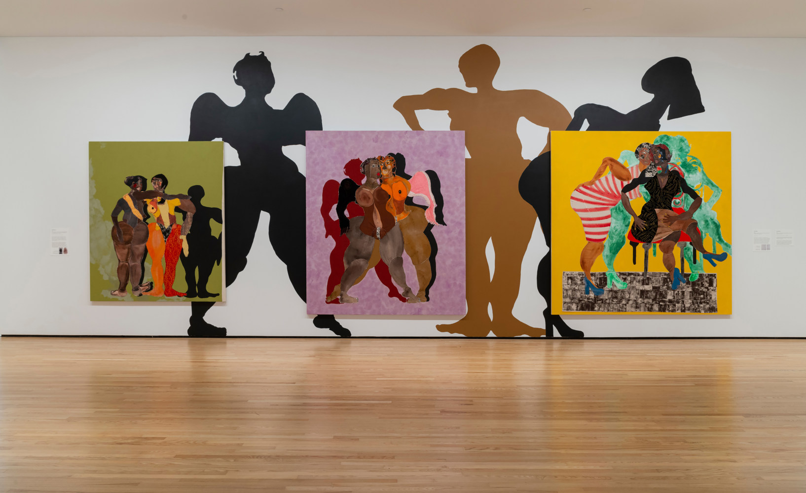 Installation view of paintings and sculptures by Tschabalala Self