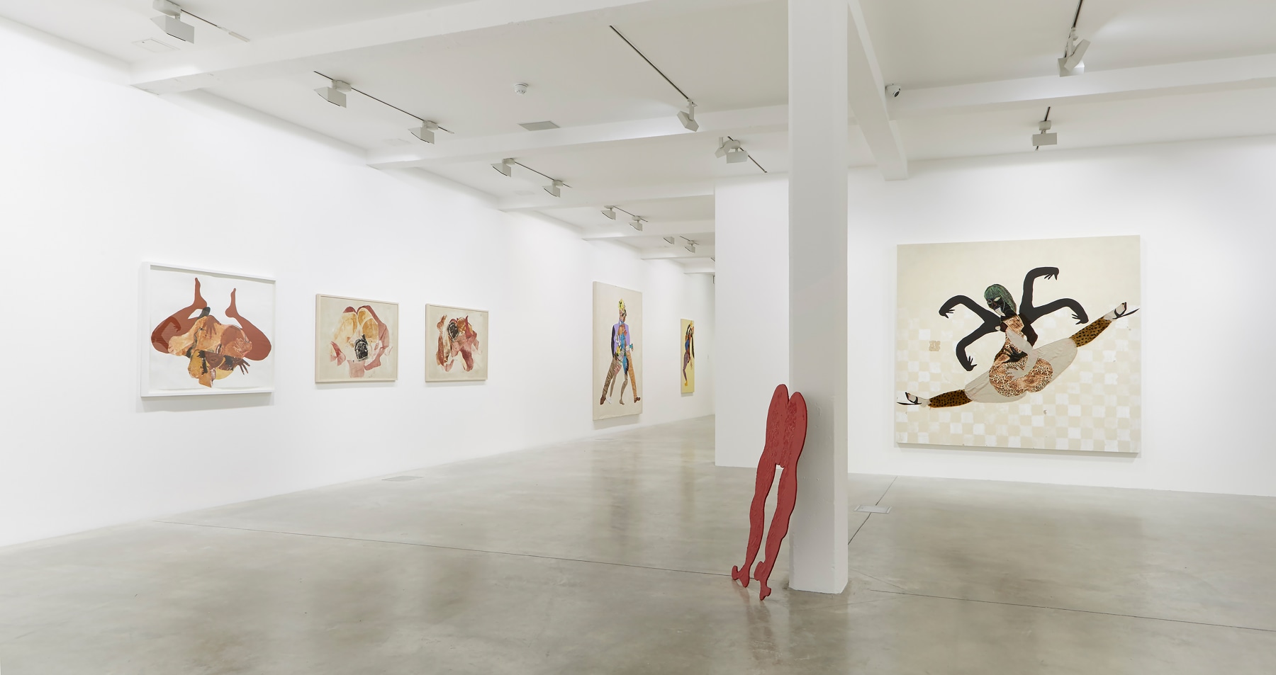 Installation view of paintings and sculptures by Tschabalala Self